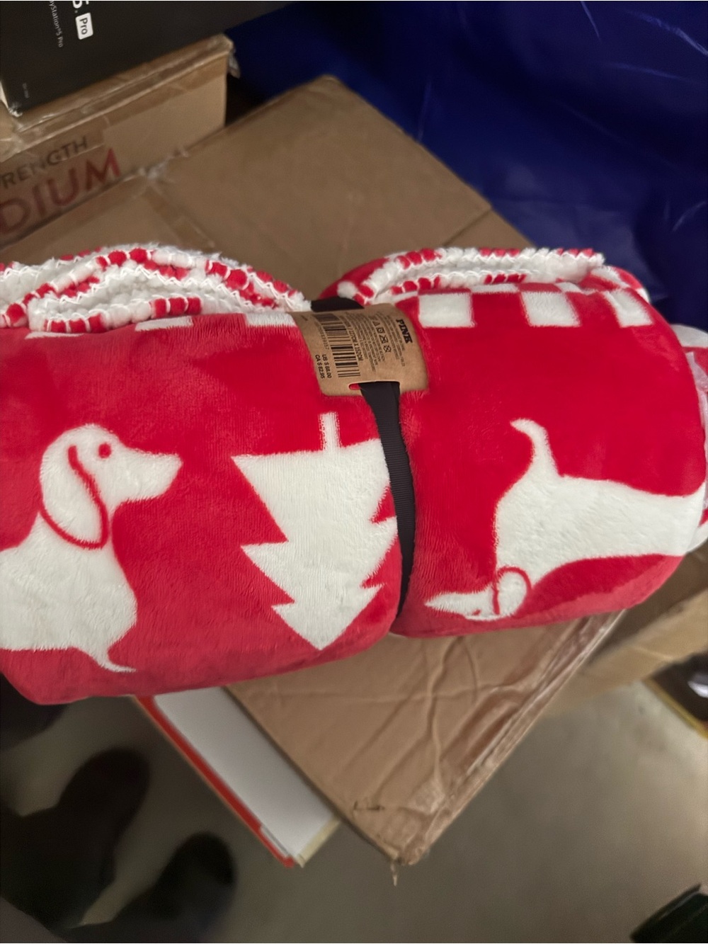Victoria's Secret Red & White Plush Dog Print Throw Blanket